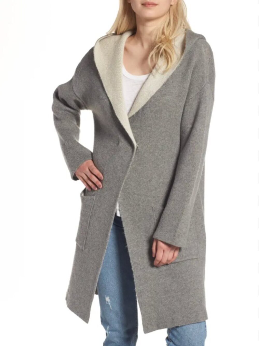 Blank NYC Chill Pill Cardigan Cozy Hooded Open Cardigan Sweater Gray Medium